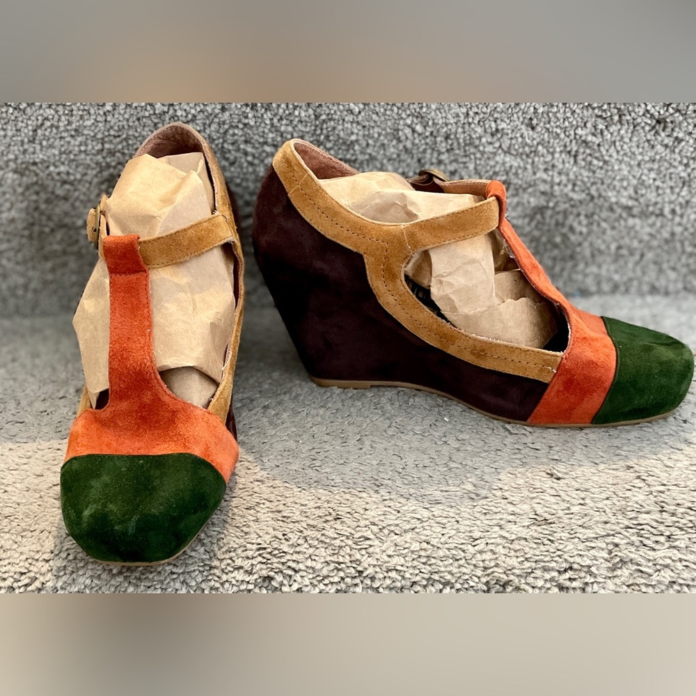 Jeffrey Campbell Darnell Suede Wedge Shoes Colorblock Green Orange Tan 7.5